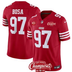 Men San Francisco 49ers #97 Nick Bosa Red 2023 F.U.S.E. With 2-star C Ptach And NFC West Champions Patch Football Stitched Jersey