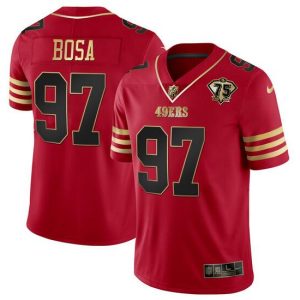 Men San Francisco 49ers #97 Nick Bosa Red Gold With 75th Anniversary Patch Football Stitched Jersey