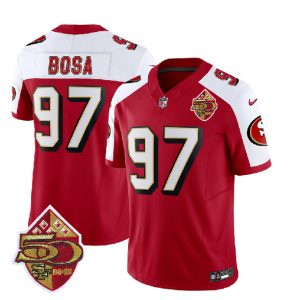 Men San Francisco 49ers #97 Nick Bosa Red/White 2023 F.U.S.E. 50th Patch Throwback Football Stitched Jersey