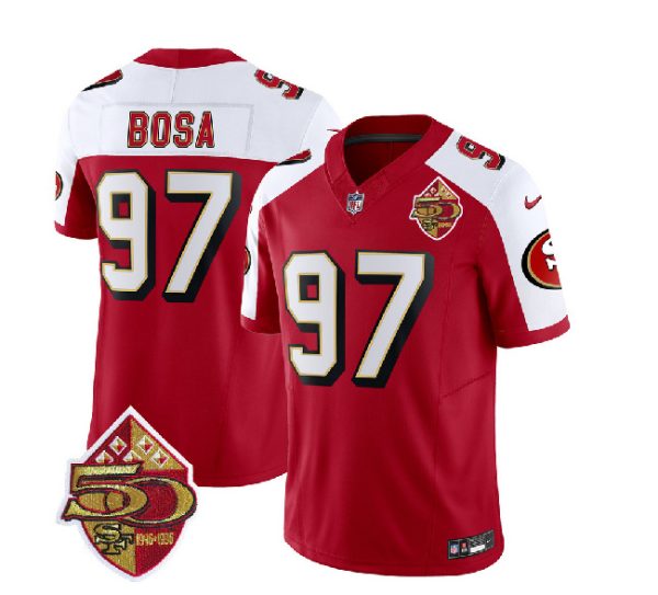 Men San Francisco 49ers #97 Nick Bosa Red/White 2023 F.U.S.E. 50th Patch Throwback Football Stitched Jersey