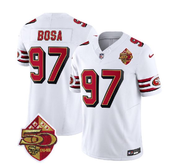 Men San Francisco 49ers #97 Nick Bosa White 2023 F.U.S.E. 50th Patch Throwback Football Stitched Jersey