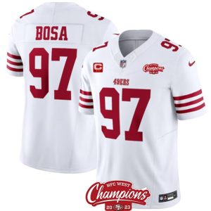 Men San Francisco 49ers #97 Nick Bosa White 2023 F.U.S.E. With 2-star C Ptach And NFC West Champions Patch Football Stitched Jersey