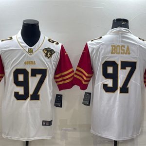 Men San Francisco 49ers #97 Nick Bosa White Gold With 75th Anniversary Patch Stitched Jersey