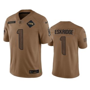 Men Seattle Seahawks #1 Dee Eskridge 2023 Brown Salute To Service Limited Football Stitched Jersey