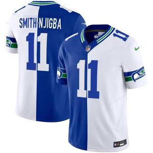 Men Seattle Seahawks #11 Jaxon Smith-Njigba Royal/White Split 2023 F.U.S.E. Throwback Vapor Limited Stitched Football Jersey