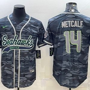 Men Seattle Seahawks #14 DK Metcalf Gray Camo With Patch Cool Base Stitched Baseball Jersey