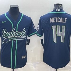 Men Seattle Seahawks #14 DK Metcalf Navy With Patch Cool Base Stitched Baseball Jersey