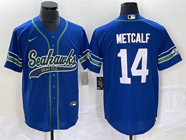 Men Seattle Seahawks #14 DK Metcalf Royal Throwback Cool Base Stitched Baseball Jersey