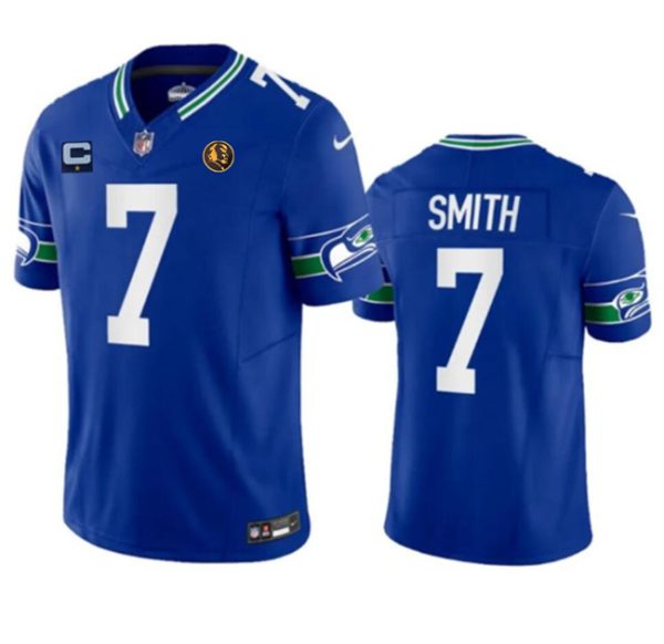 Men Seattle Seahawks #7 Geno Smith Blue 2023 F.U.S.E. Throwback With 1-star C Patch And John Madden Patch Vapor Limited Football Stitched Jersey