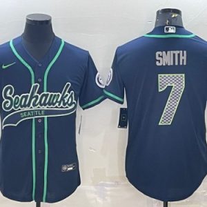 Men Seattle Seahawks #7 Geno Smith Navy With Patch Cool Base Stitched Baseball Jersey