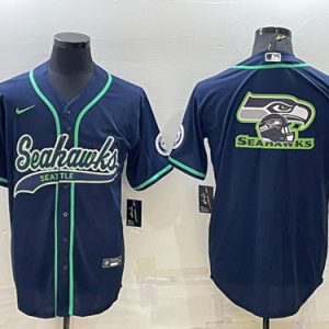 Men Seattle Seahawks Navy Team Big Logo With Patch Cool Base Stitched Baseball Jersey