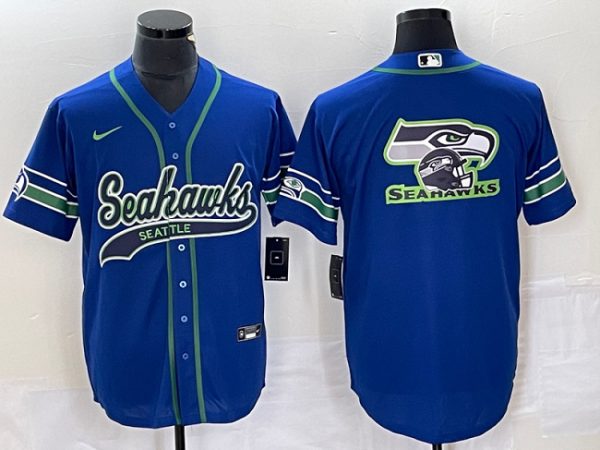 Men Seattle Seahawks Royal Throwback Team Big Logo Cool Base Stitched Baseball Jersey