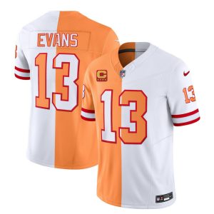 Men Tampa Bay Buccaneers #13 Mike Evans 2023 F.U.S.E. White/Gold With 4-Star C Patch Split Throwback Limited Football Stitched Jersey