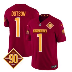 Men Washington Commanders #1 Jahan Dotson Burgundy 2023 F.U.S.E. 90th Anniversary Vapor Limited Football Stitched Jersey