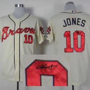 Atlanta Braves #10 Chipper Jones Cream Cool Base Autographed Stitched MLB Jersey