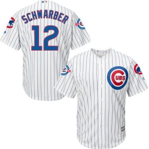 Chicago Cubs #12 Kyle Schwarber White Strip New Cool Base with 100 Years at Wrigley Field Commemorative Patch Stitched MLB Jersey