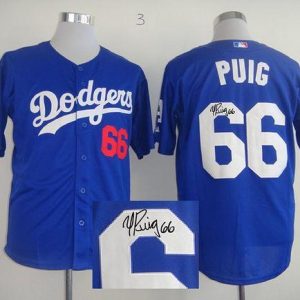 Los Angeles Dodgers #66 Yasiel Puig Blue Cool Base Autographed Stitched MLB Jersey