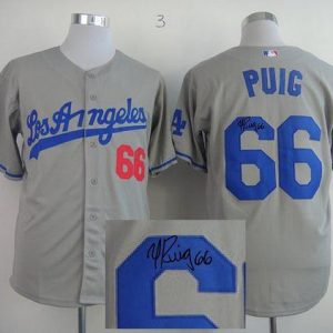 Los Angeles Dodgers #66 Yasiel Puig Grey Cool Base Autographed Stitched MLB Jersey