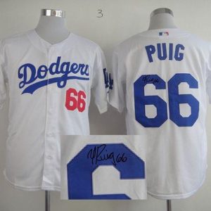 Los Angeles Dodgers #66 Yasiel Puig White Cool Base Autographed Stitched MLB Jersey