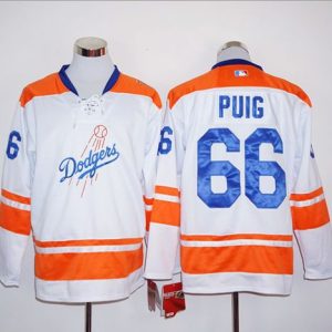 Los Angeles Dodgers #66 Yasiel Puig White/Orange Long Sleeve Stitched MLB Jersey