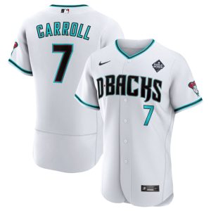 Men Arizona Diamondbacks #7 Corbin Carroll White 2023 World Series Flex Base Stitched Jersey