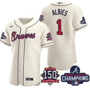 Men Atlanta Braves #1 Ozzie Albies 2021 Cream World Series Champions With 150th Anniversary Flex Base Stitched Jersey