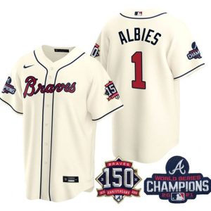 Men Atlanta Braves #1 Ozzie Albies 2021 Cream World Series Champions With 150th Anniversary Patch Cool Base Stitched Jersey