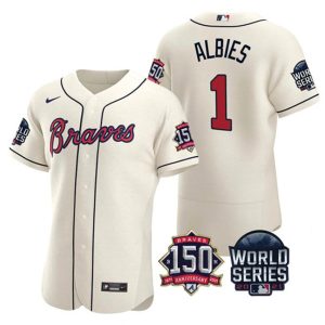 Men Atlanta Braves #1 Ozzie Albies 2021 Cream World Series Flex Base With 150th Anniversary Patch Stitched Baseball Jersey