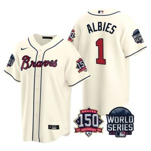 Men Atlanta Braves #1 Ozzie Albies 2021 Cream World Series With 150th Anniversary Patch Cool Base Stitched Jersey