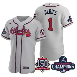 Men Atlanta Braves #1 Ozzie Albies 2021 Gray World Series Champions With 150th Anniversary Flex Base Stitched Jersey