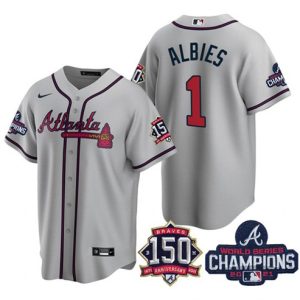 Men Atlanta Braves #1 Ozzie Albies 2021 Gray World Series Champions With 150th Anniversary Patch Cool Base Stitched Jersey