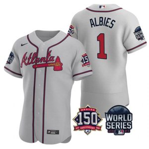 Men Atlanta Braves #1 Ozzie Albies 2021 Gray World Series Flex Base With 150th Anniversary Patch Stitched Baseball Jersey