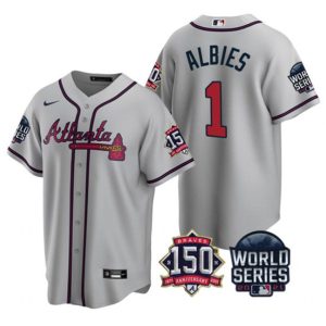 Men Atlanta Braves #1 Ozzie Albies 2021 Gray World Series With 150th Anniversary Patch Cool Base Stitched Jersey