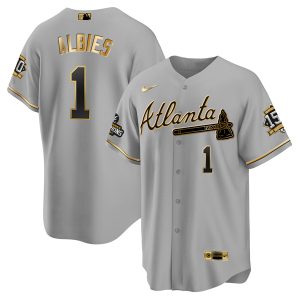 Men Atlanta Braves #1 Ozzie Albies 2021 Gray/Gold World Series Champions With 150th Anniversary Patch Cool Base Stitched Jersey