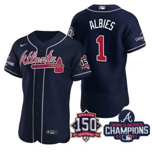 Men Atlanta Braves #1 Ozzie Albies 2021 Navy World Series Champions With 150th Anniversary Flex Base Stitched Jersey