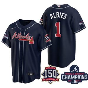 Men Atlanta Braves #1 Ozzie Albies 2021 Navy World Series Champions With 150th Anniversary Patch Cool Base Stitched Jersey