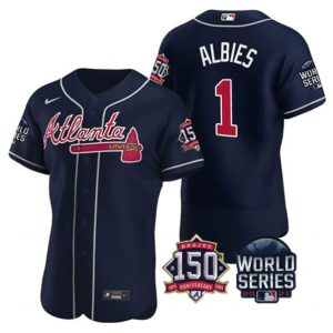 Men Atlanta Braves #1 Ozzie Albies 2021 Navy World Series Flex Base With 150th Anniversary Patch Stitched Baseball Jersey