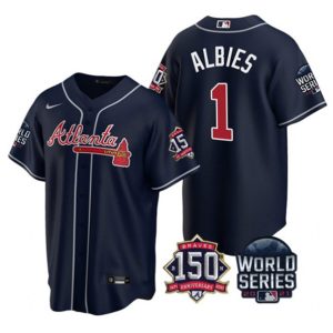 Men Atlanta Braves #1 Ozzie Albies 2021 Navy World Series With 150th Anniversary Patch Cool Base Stitched Jersey