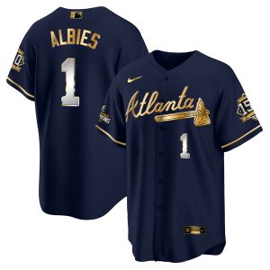 Men Atlanta Braves #1 Ozzie Albies 2021 Navy/Gold World Series Champions With 150th Anniversary Patch Cool Base Stitched Jersey