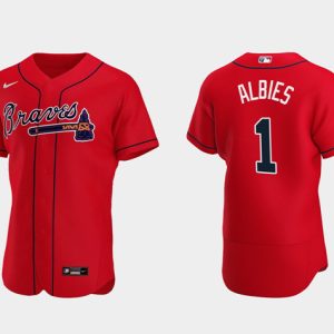 Men Atlanta Braves #1 Ozzie Albies 2021 Red World Series Champions Flex Base Stitched Baseball Jersey