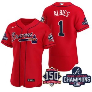 Men Atlanta Braves #1 Ozzie Albies 2021 Red World Series Champions With 150th Anniversary Flex Base Stitched Jersey