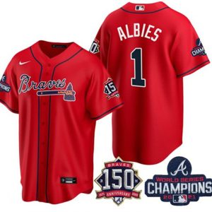 Men Atlanta Braves #1 Ozzie Albies 2021 Red World Series Champions With 150th Anniversary Patch Cool Base Stitched Jersey