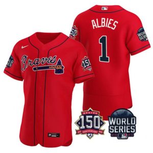 Men Atlanta Braves #1 Ozzie Albies 2021 Red World Series Flex Base With 150th Anniversary Patch Stitched Baseball Jersey