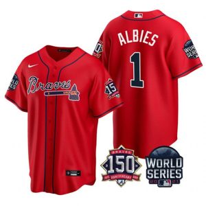 Men Atlanta Braves #1 Ozzie Albies 2021 Red World Series With 150th Anniversary Patch Cool Base Stitched Jersey