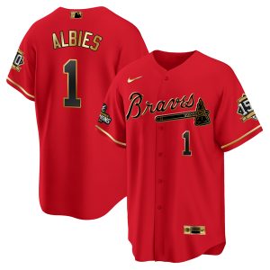 Men Atlanta Braves #1 Ozzie Albies 2021 Red/Gold World Series Champions With 150th Anniversary Patch Cool Base Stitched Jersey