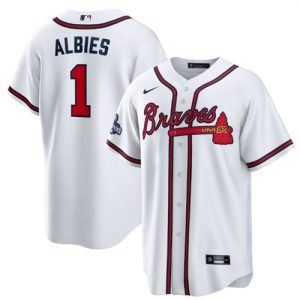 Men Atlanta Braves #1 Ozzie Albies 2021 White World Series Champions Cool Base Stitched Jersey