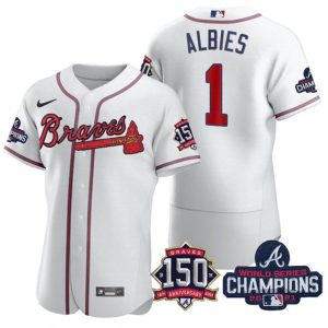 Men Atlanta Braves #1 Ozzie Albies 2021 White World Series Champions With 150th Anniversary Flex Base Stitched Jersey