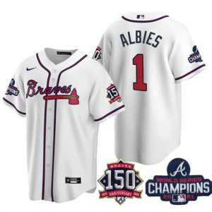 Men Atlanta Braves #1 Ozzie Albies 2021 White World Series Champions With 150th Anniversary Patch Cool Base Stitched Jersey