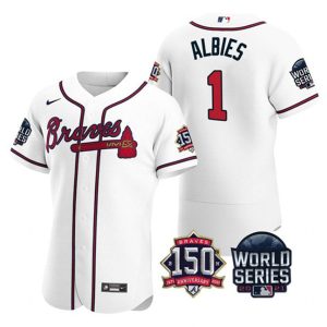 Men Atlanta Braves #1 Ozzie Albies 2021 White World Series Flex Base With 150th Anniversary Patch Stitched Baseball Jersey