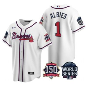 Men Atlanta Braves #1 Ozzie Albies 2021 White World Series With 150th Anniversary Patch Cool Base Stitched Jersey